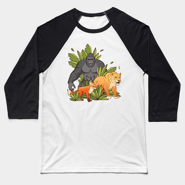 Gorilla Fox Lion Hand Dawn Baseball T-Shirt by Mako Design 